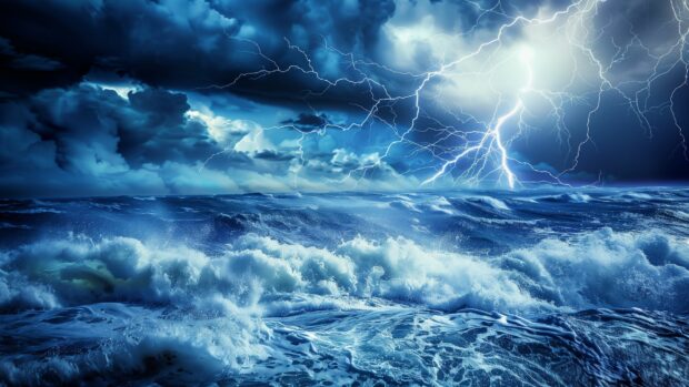 Ocean Waves wallpaper HD with lightning striking over a raging ocean storm with turbulent seas.