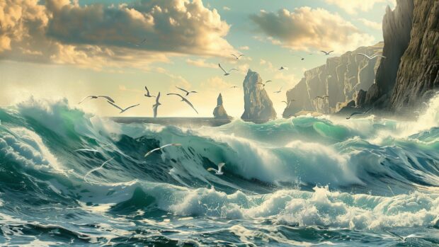 Ocean Waves wallpaper with a dramatic ocean scene with waves crashing against rocky cliffs.