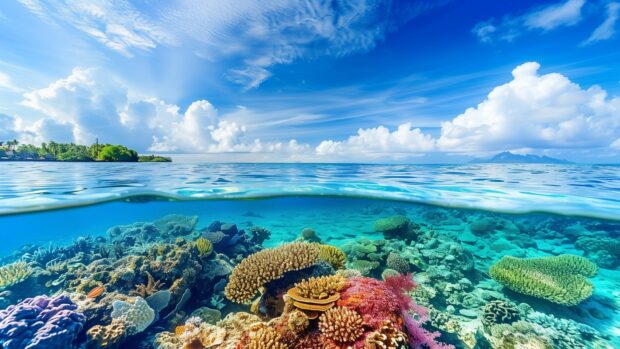 Ocean desktop background with a coral reef seen through the clear blue ocean water.