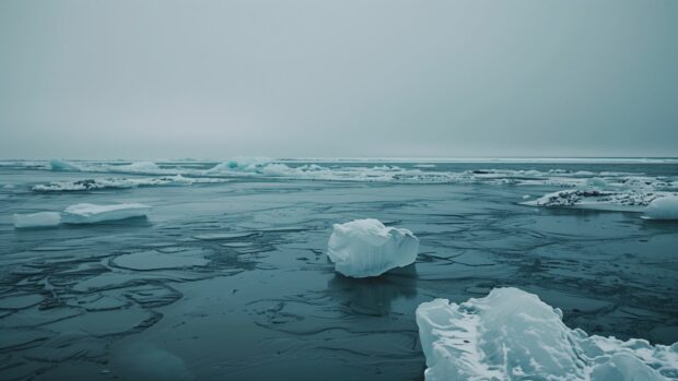 Ocean desktop wallpaper 4K with a cold winter ocean with floating icebergs and a gray, overcast sky.