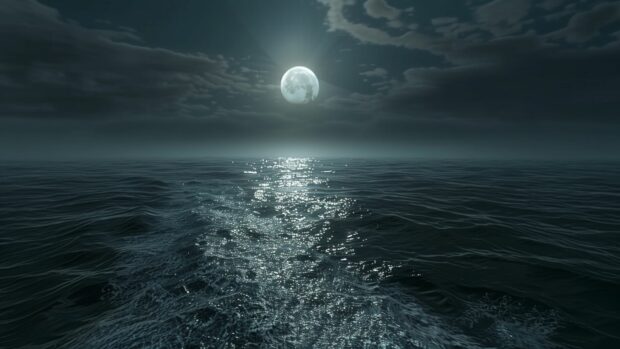 Ocean desktop wallpaper 4K with a full moon casting a silver glow over a peaceful ocean at night.