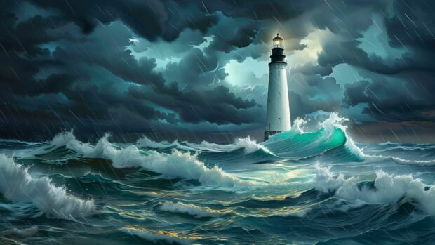 Ocean desktop wallpaper 4K with a lone lighthouse standing strong amidst a fierce ocean storm.
