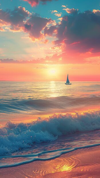Ocean iPhone Wallpaper with a serene beach at sunset with a sailboat on the horizon.