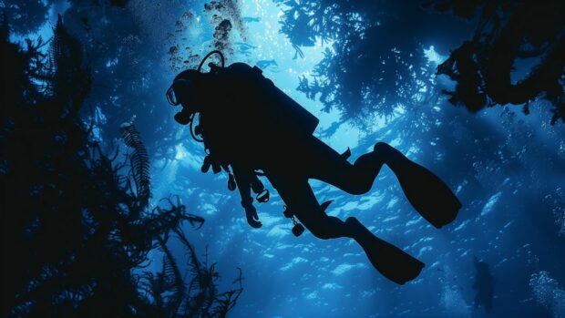 Ocean wallpaper with a diver exploring the wonders of the underwater world.