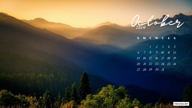 October 2024 Calendar Background with beautiful landscape.