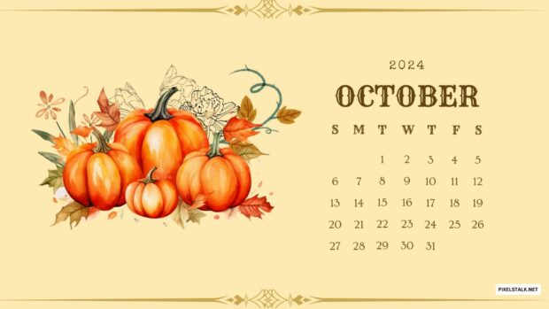 October 2024 Calendar Wallpaper with Pumpkin.