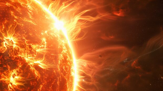 Outer Space 4K HD Wallpaper with A detailed view of a red dwarf star with its intense solar flares against the backdrop of space.
