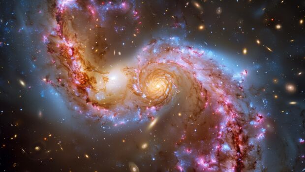 Outer Space 4K Wallpaper HD with A cosmic collision between two galaxies, with stars and gas clouds interacting in a dynamic scene.