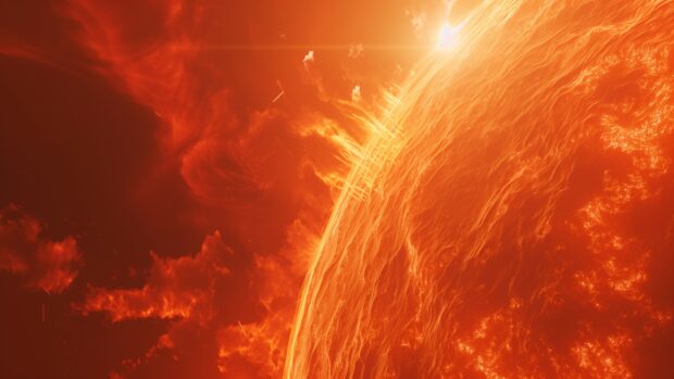 Outer Space 4K desktop background with A detailed view of a red dwarf star with its intense solar flares against the backdrop of space.