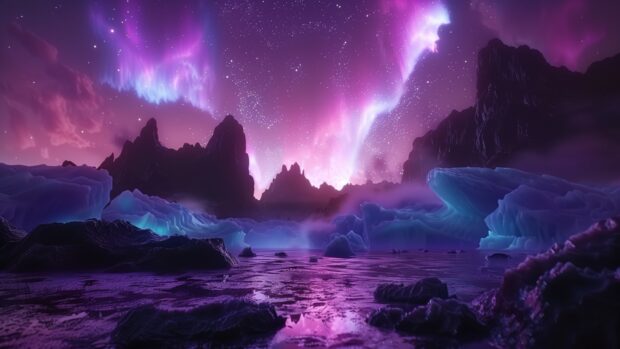 Outer Space Wallpaper HD with a beautiful aurora borealis on a distant icy planet, illuminating the alien sky with vibrant colors.