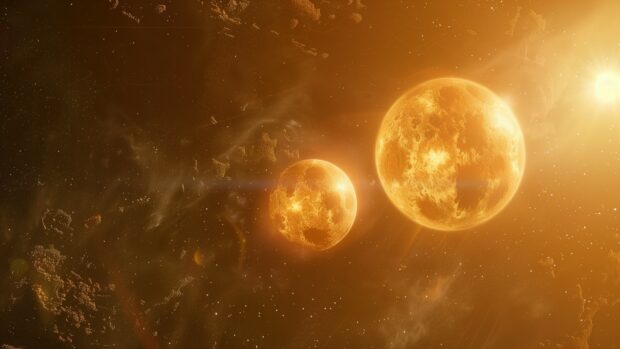Outer Space Wallpaper desktop HD with a mesmerizing view of a binary star system with two suns illuminating a distant planet in outer space.