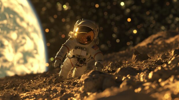 Outer Space Wallpaper for desktop with An astronaut exploring the surface of an asteroid with the Earth and stars in the background.