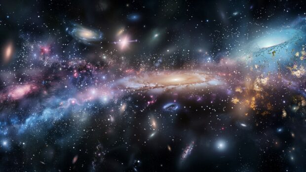 Outer Space desktop Wallpaper HD with a panoramic view of a distant galaxy cluster, with multiple galaxies visible against the blackness of space.