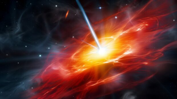 Outer space 4K wallpaper with a detailed image of a quasar with its bright jets of energy and the galaxy surrounding it.