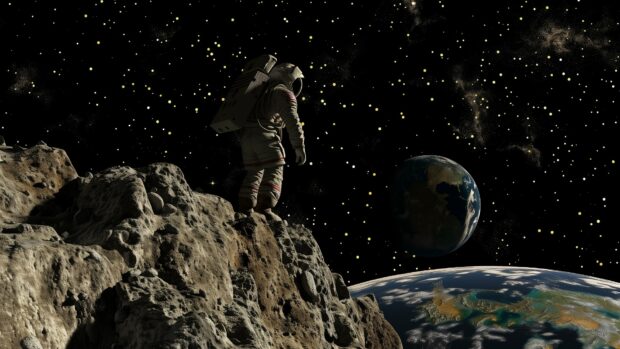 Outer space HD desktop wallpaper with an astronaut exploring the surface of an asteroid with the Earth and stars in the background.