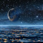 Outer space HD wallpaper with a serene depiction of a crescent moon above an alien ocean, with stars reflecting on the water's surface.