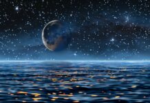 Outer space HD wallpaper with a serene depiction of a crescent moon above an alien ocean, with stars reflecting on the water's surface.