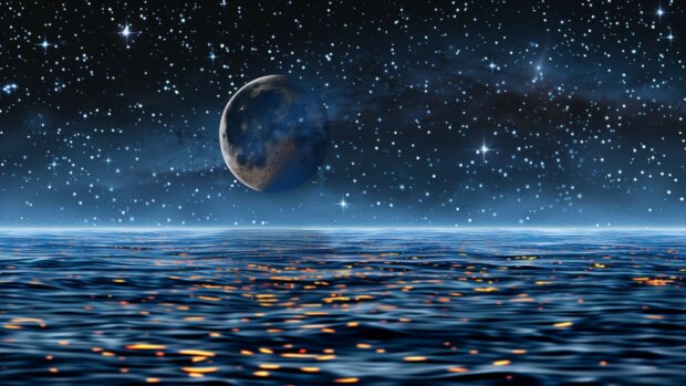 Outer space HD wallpaper with a serene depiction of a crescent moon above an alien ocean, with stars reflecting on the waters surface.