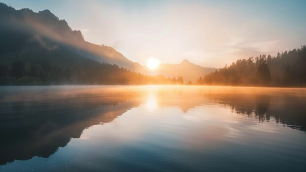 PC Wallpaper 2K with a tranquil lake surrounded by mountains at dawn with mist rising from the water.