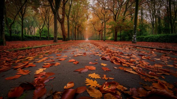 Pathway covered with fallen autumn leaves in a serene park.