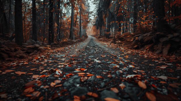 Pathway through a dense autumn forest with colorful leaves 2560x1440 wallpaper.