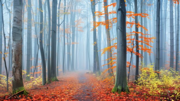 Pathway through a dense autumn forest with colorful leaves, Wallpaper HD.