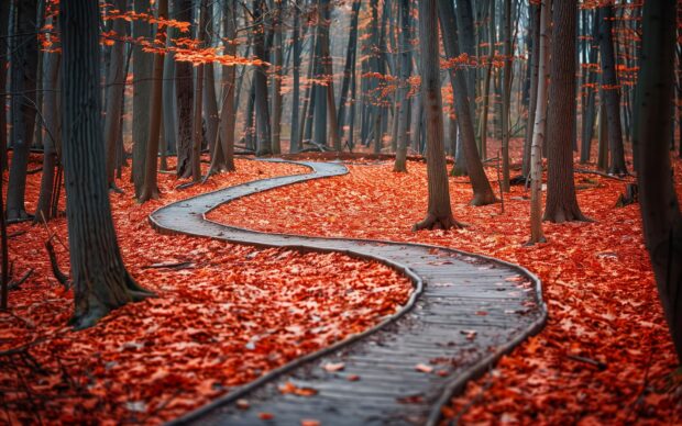 Pathway winding through an autumn forest.