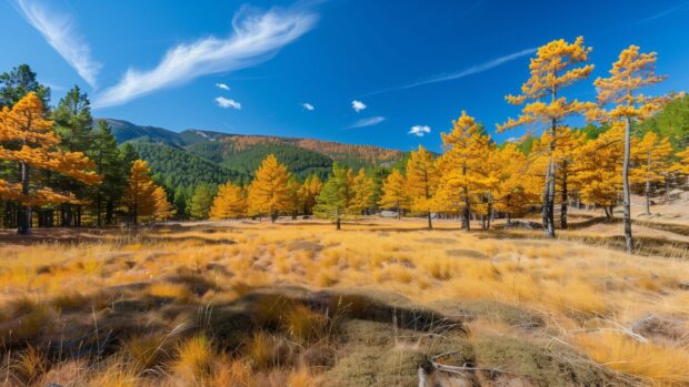 Peaceful Autumn forest desktop HD wallpaper with a clear sky.