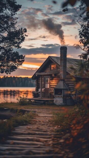 Peaceful Sunset Aesthetic Wallpaper at a lakeside cabin, smoke rising from the chimney.