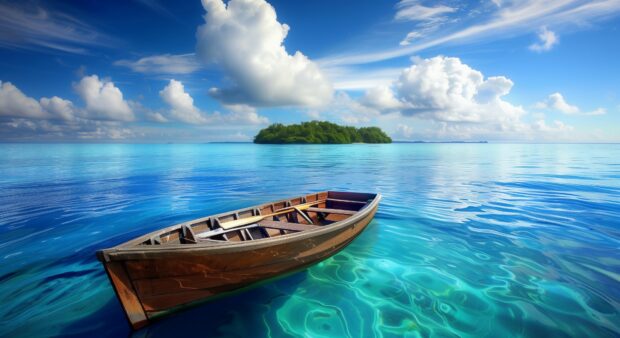 Peaceful boat ocean setting with a wooden rowboat floating near a tropical island.