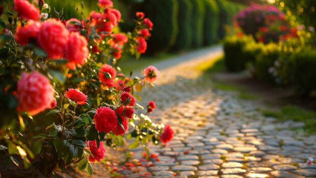 Peaceful garden with blooming roses, cobblestone path, warm sunlight 3, Nature photo.