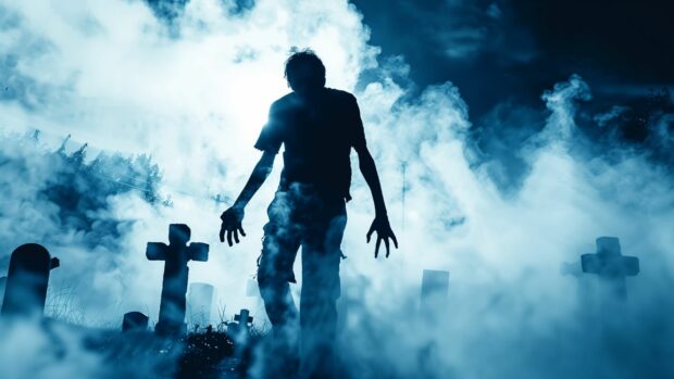 Petrifying Halloween zombie emerging from a mist covered graveyard.