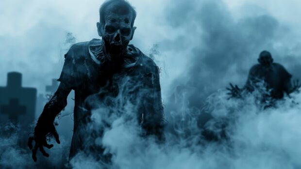 Petrifying zombie emerging from a mist covered graveyard.