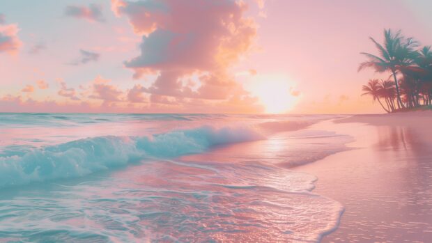 Pink Sunset 4K Wallpaper over a serene beach with palm trees and gentle waves.