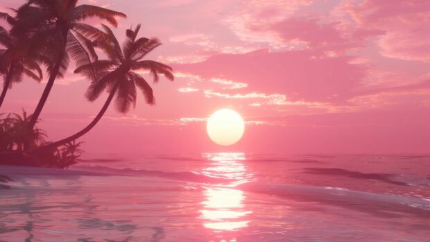 Pink Sunset Wallpaper HD over a serene beach with palm trees and gentle waves.