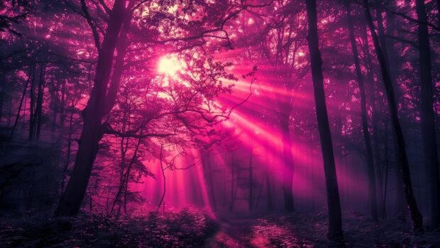 Pink Sunset in a dense forest with rays of sunlight streaming through the trees, Free Download Sunset 4K Wallpaper HD.