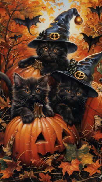 Playful Halloween black cats wearing cute witch hats and sitting on pumpkins, iPhone Background.