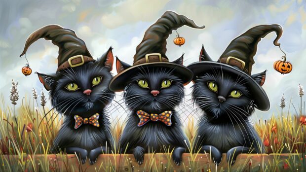 Playful Halloween black cats wearing tiny witch hats and bow ties.
