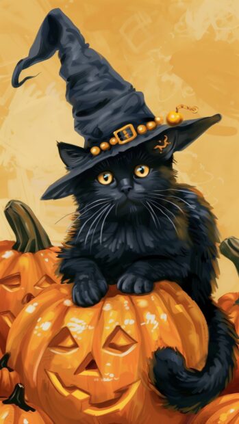 Playful black cats wearing cute witch hats and sitting on pumpkins, Halloween Wallpaper for mobile.