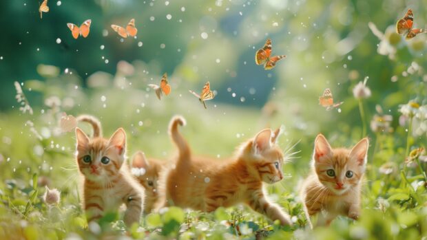 Playful cats chasing butterflies in a garden.