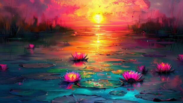 Pond with water lilies and colorful reflections, Sunset HD Wallpaper.