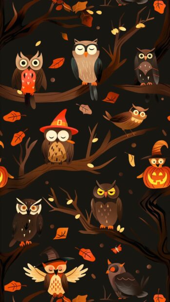  Preppy Halloween Wallpaper iPhone with playful owls wearing cute costumes and perched on spooky branches.