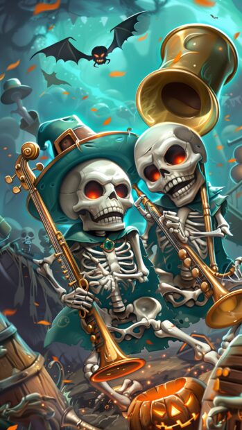  Preppy Halloween Wallpaper skeletons playing musical instruments in a spooky band.