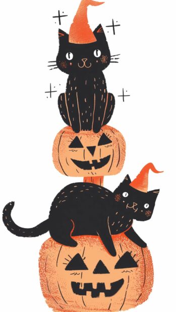  Preppy Halloween Wallpaper with playful black cats wearing cute witch hats and sitting on pumpkins.