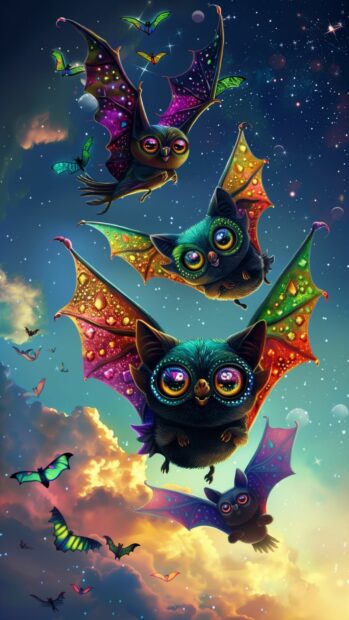 Preppy Halloween bats with big eyes and colorful wings against a starry sky.