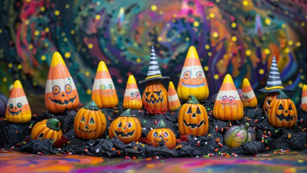 Preppy Halloween candy corn characters in a whimsical pumpkin patch.