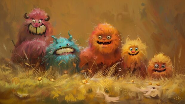 Preppy Halloween monsters with goofy smiles and colorful fur.