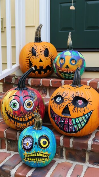  Preppy Halloween pumpkins with cute faces and colorful patterns.