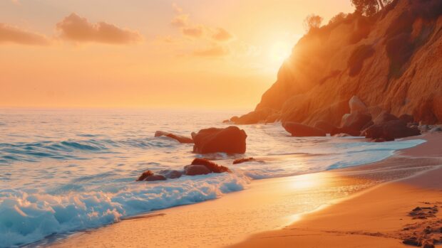 Quiet beach with smooth rocks and gentle waves, Beach Sunset Desktop Background HD.