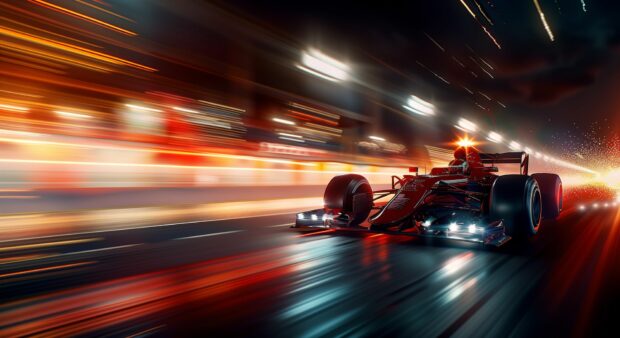 Racing car speeding on a night track toward lights in the city cool car wallpaper HD.